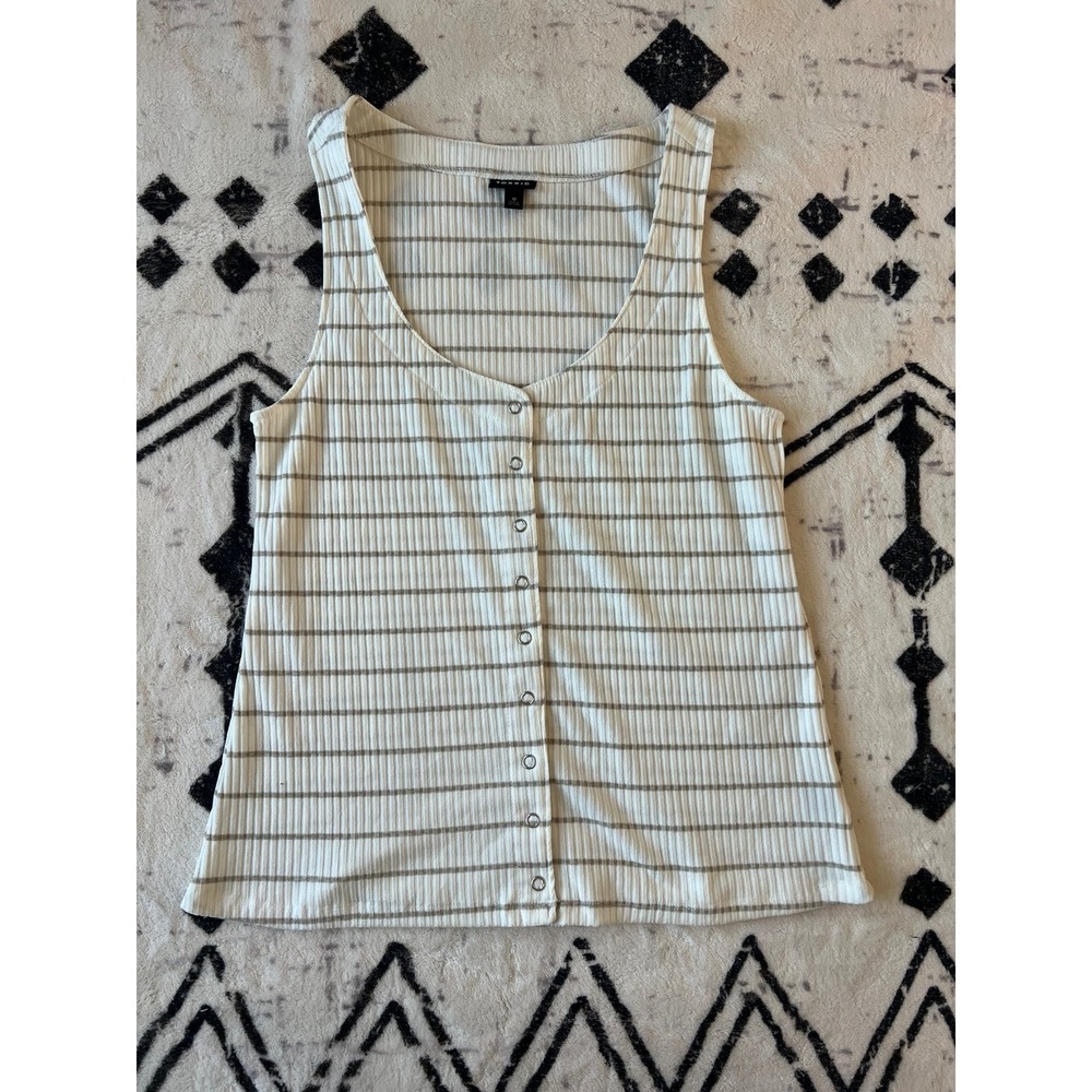 Torrid Womens Size 1 Ribbed Tank Top Snap Front White Taupe Stripe - Picture 2 of 7